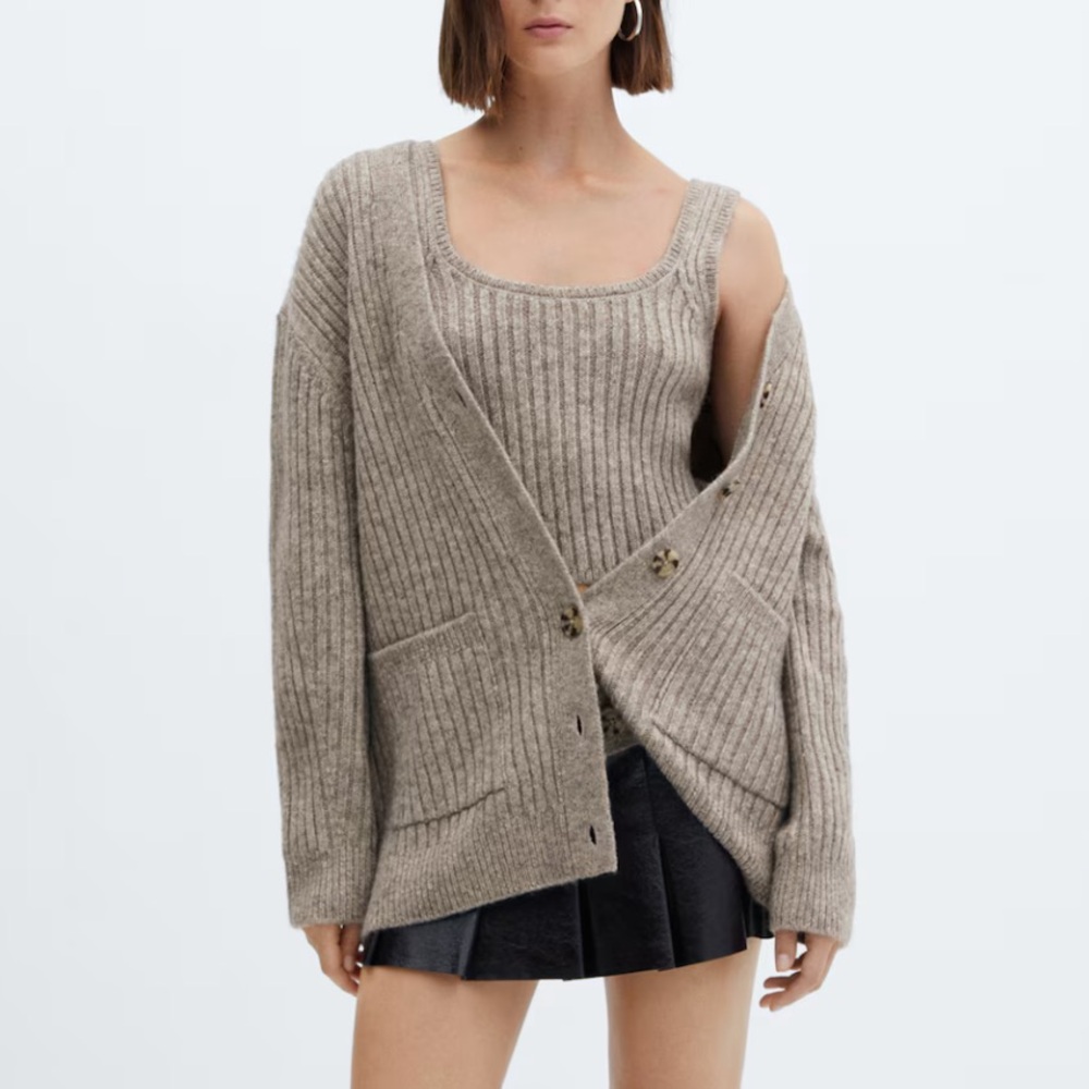 MANGO Wool Mixed Ribbed Knit Cardigan Sweater + Tank Top Set